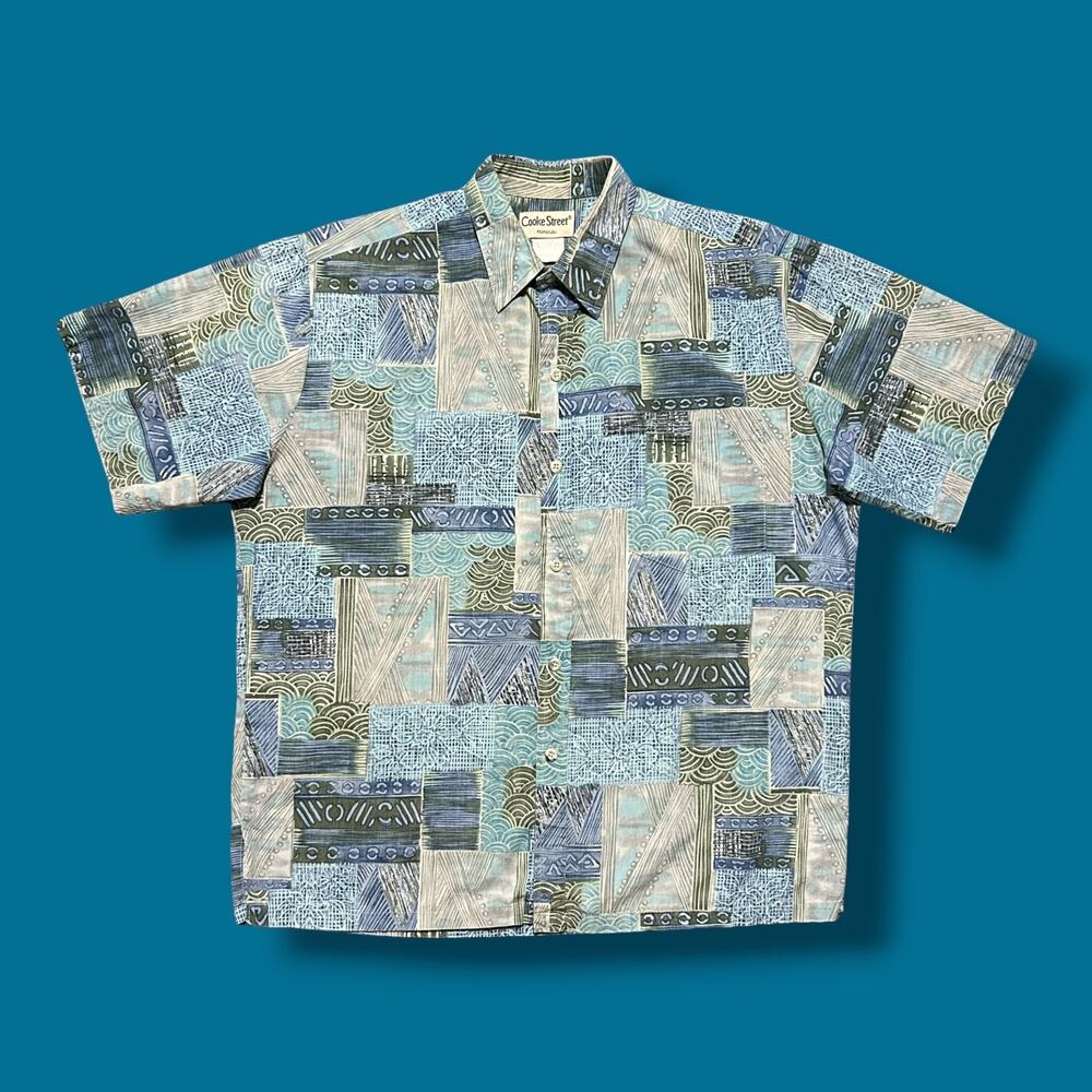 Vintage Hawaiian Shirt Patchwork Geometric Mosaic Pattern Button Up Aloha 90s